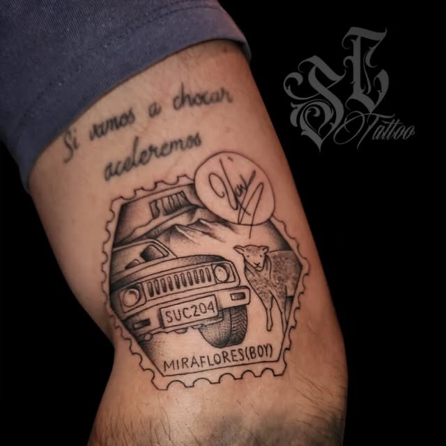 Estampilla conmemorativa con bus y montañas en black and grey